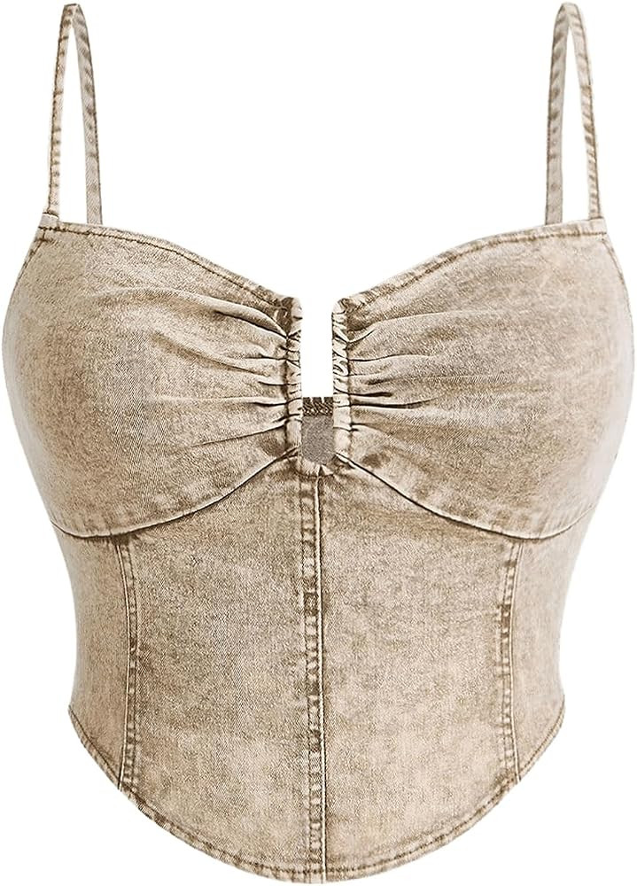 SHENHE Women's Plus Size Denim Bustier Top Spaghetti Strap Notch Neck Cropped Jean Corset Top | Amazon (US)
