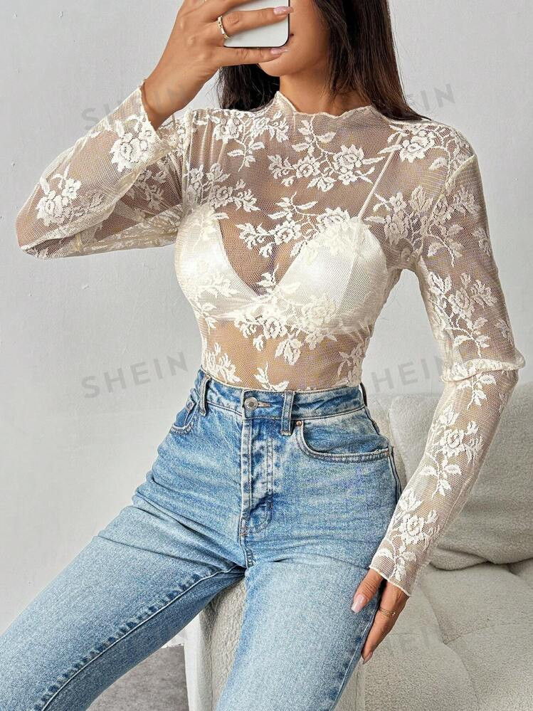 SHEIN Allurite Women Simple Solid Color Lace Decor Sheer Long Sleeve Blouse | SHEIN