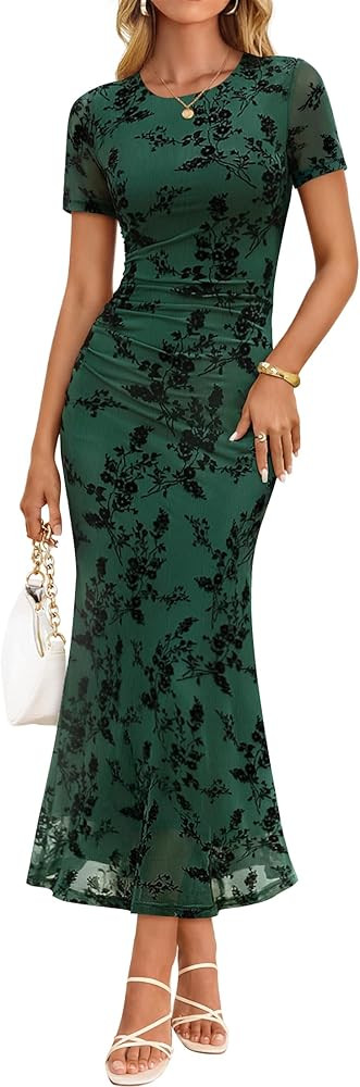 ZESICA Women's Summer Short Sleeve Floral Bodycon Dress 2026 Ruched Mesh Wedding Guest Cocktail P... | Amazon (US)