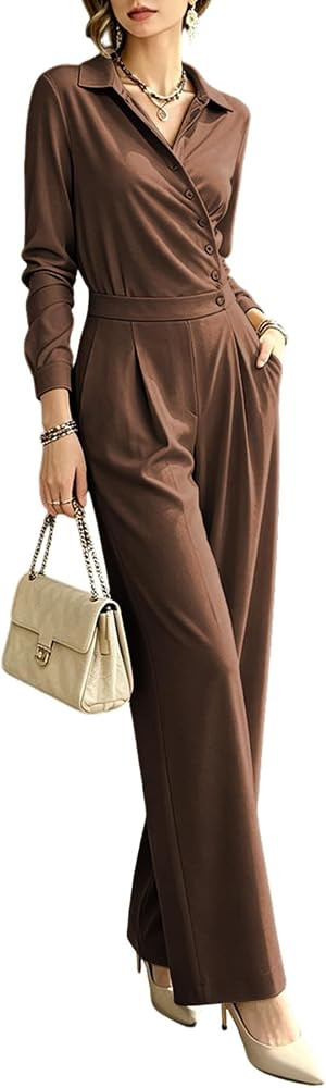 Tcremisa Womens Elegant Wrap Long Sleeve Jumpsuits Wide Leg Long Romper | Amazon (US)