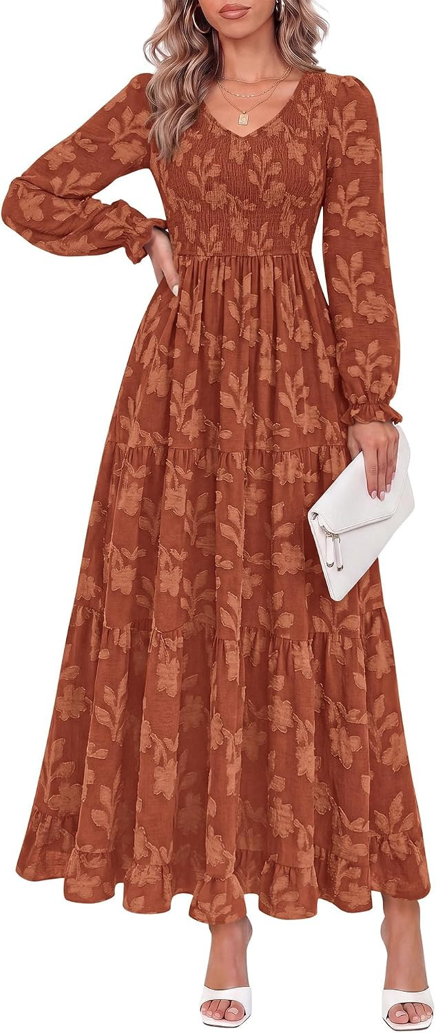 KIRUNDO Womens Long Sleeve V Neck Wedding Guest Maxi Dress | Amazon (US)