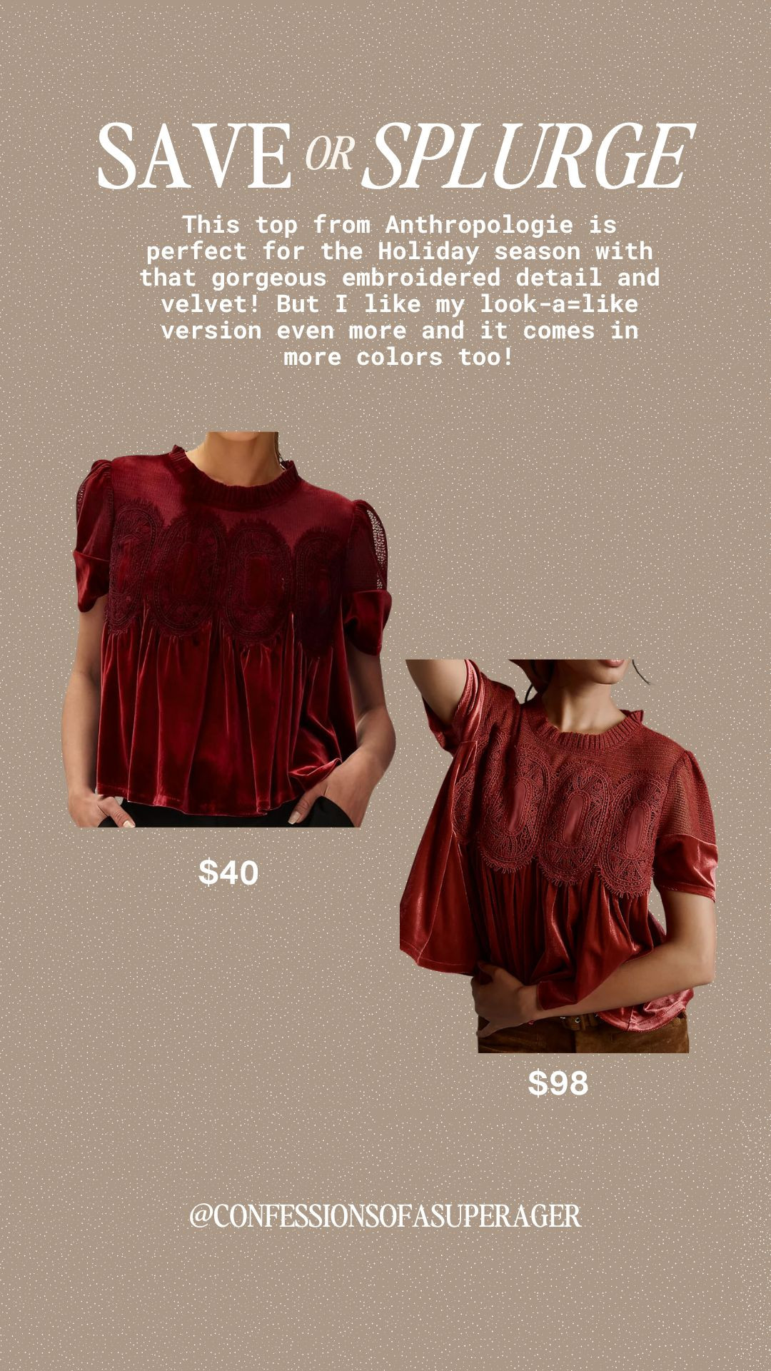 Splurge on style, not the price tag 💋
I found the best Anthropologie velvet top dupe on Amazon for just $40 — same rich velvet, gorgeous embroidery, and so chic for the holidays!

#ltkamazonfinds #ltkdupes #ltksaveorsplurge #ltkholidaystyle #ltkwinterfashion #ltkluxurylookforless #ltkwomenstyle #ltkfashionfinds #ltkunder50 #confessionsofasuperager 

 #LTKGiftGuide #LTKSeasonal #LTKFindsUnder50