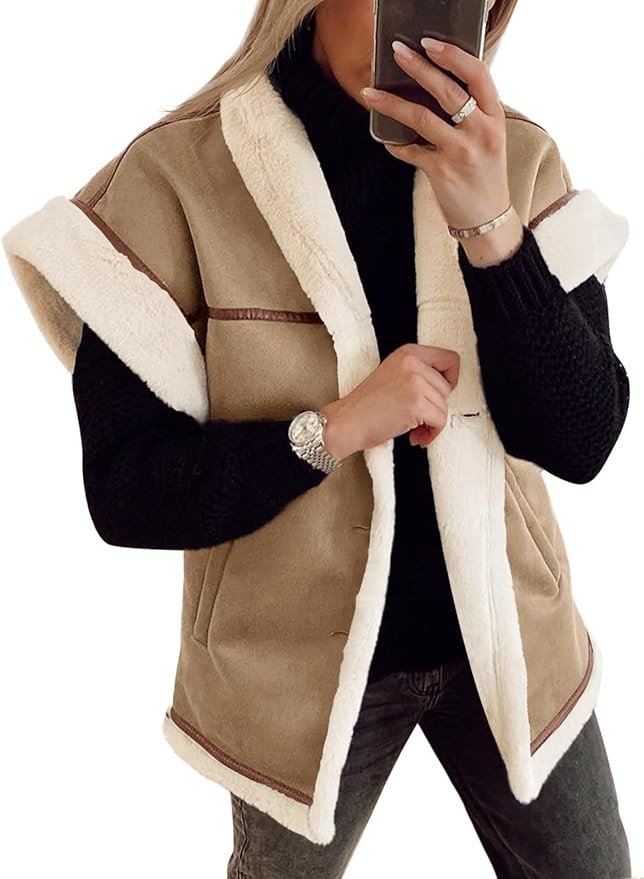Cicy Bell Womens Suede Sherpa Vest Faux Fur Shearling Jacket Oversized Cap Sleeve Button Down Win... | Amazon (US)