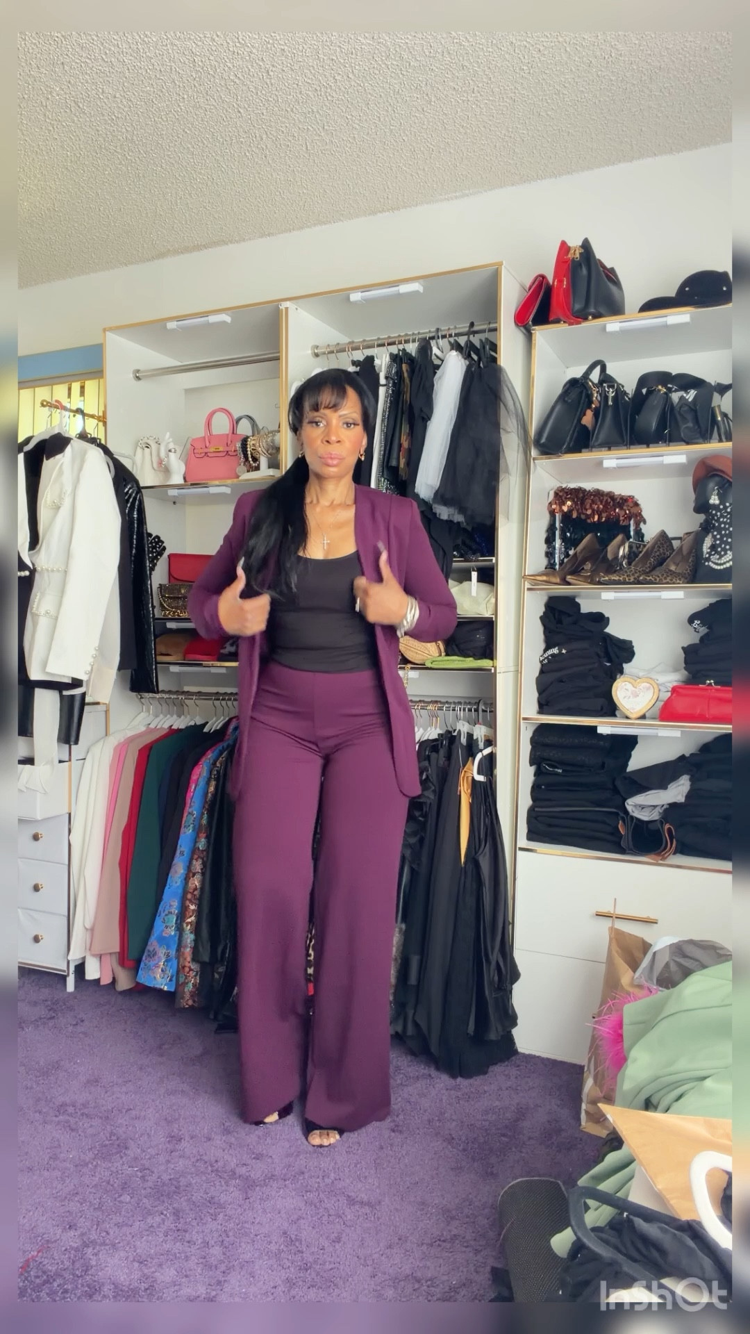 This eggplant pants suit just feels so rich and elevated without doing too much. I love outfits like this because they instantly make you look put together, but they’re all still comfortable and easy to wear. ￼ this is definitely one of those looks. You can wear anywhere and still feel confident and polished.  I linked similar from Amazon and actually it’s the same but I wearing a wide leg pants.  You can find this actual pants set on fashion nova. It’s called: Payin’ it forward eggplant set. :@fashionnova ￼

#LTKootd #LTKOver40