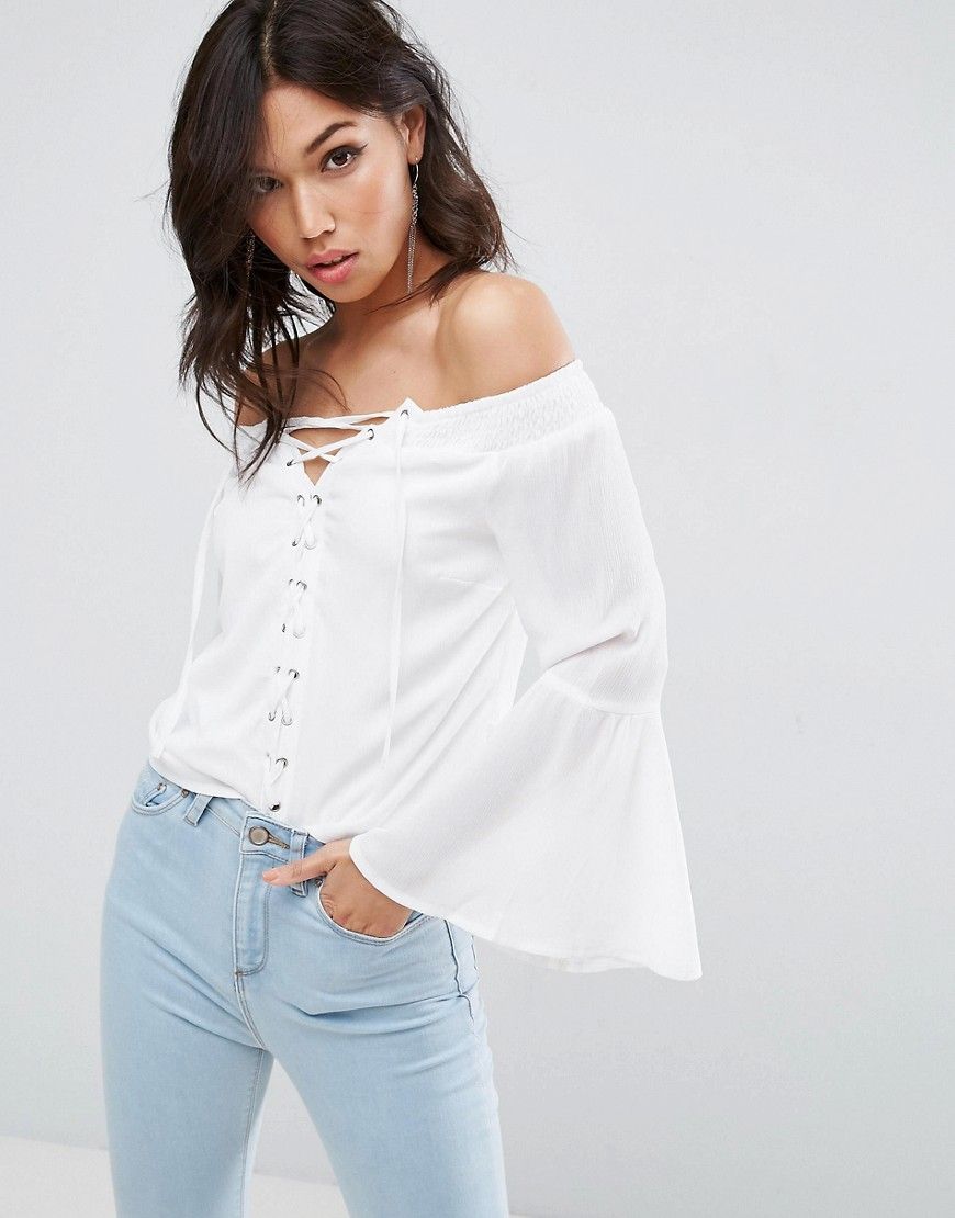 Parisian Off Shoulder Top With Flare Sleeves And Lace Up Front - White | ASOS US