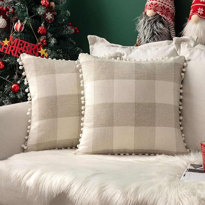 MIULEE Set of 2 Retro Farmhouse Buffalo Plaid Check Pillow Cases with Pom-poms Decorative Throw P... | Amazon (US)