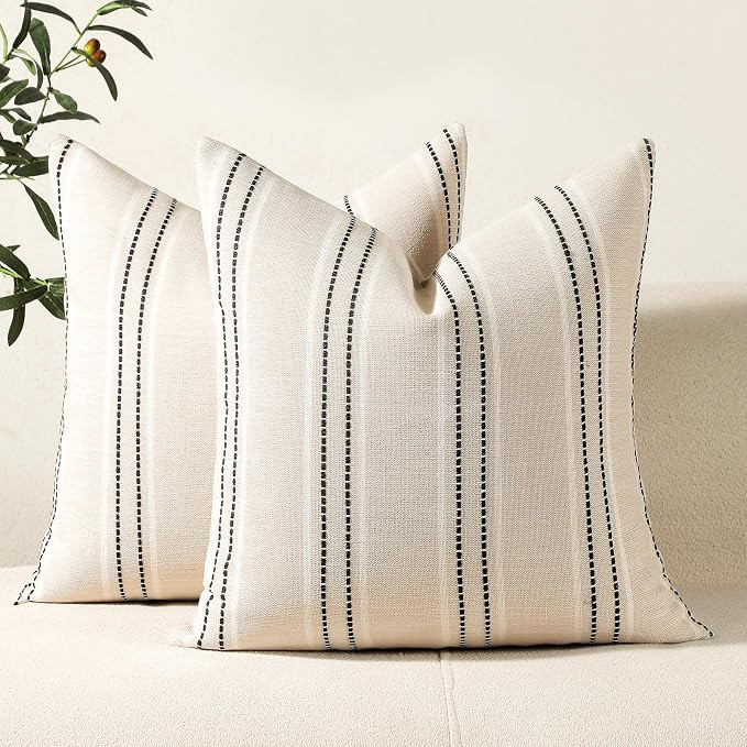 Hckot Hand Made Decorative Pillow Covers 18x18 Striped Throw Pillows Textured Linen Pillow Covers... | Amazon (US)