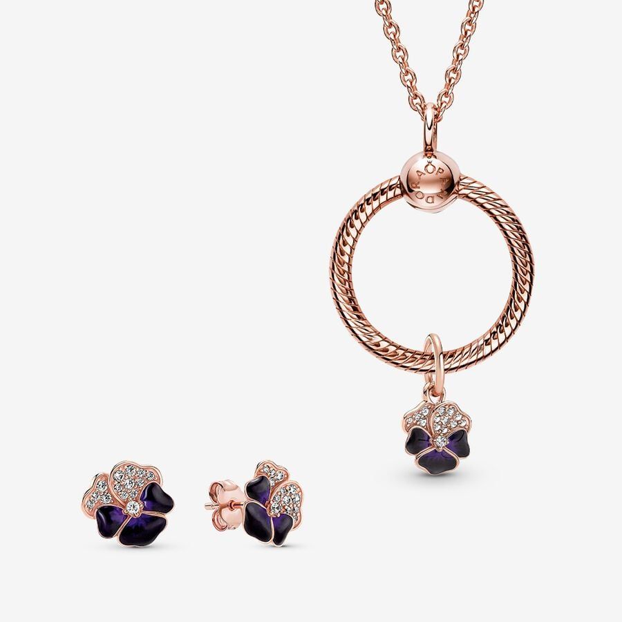 Deep Purple Pansy Flower Pendant Necklace and Earring Set | Pandora (US)
