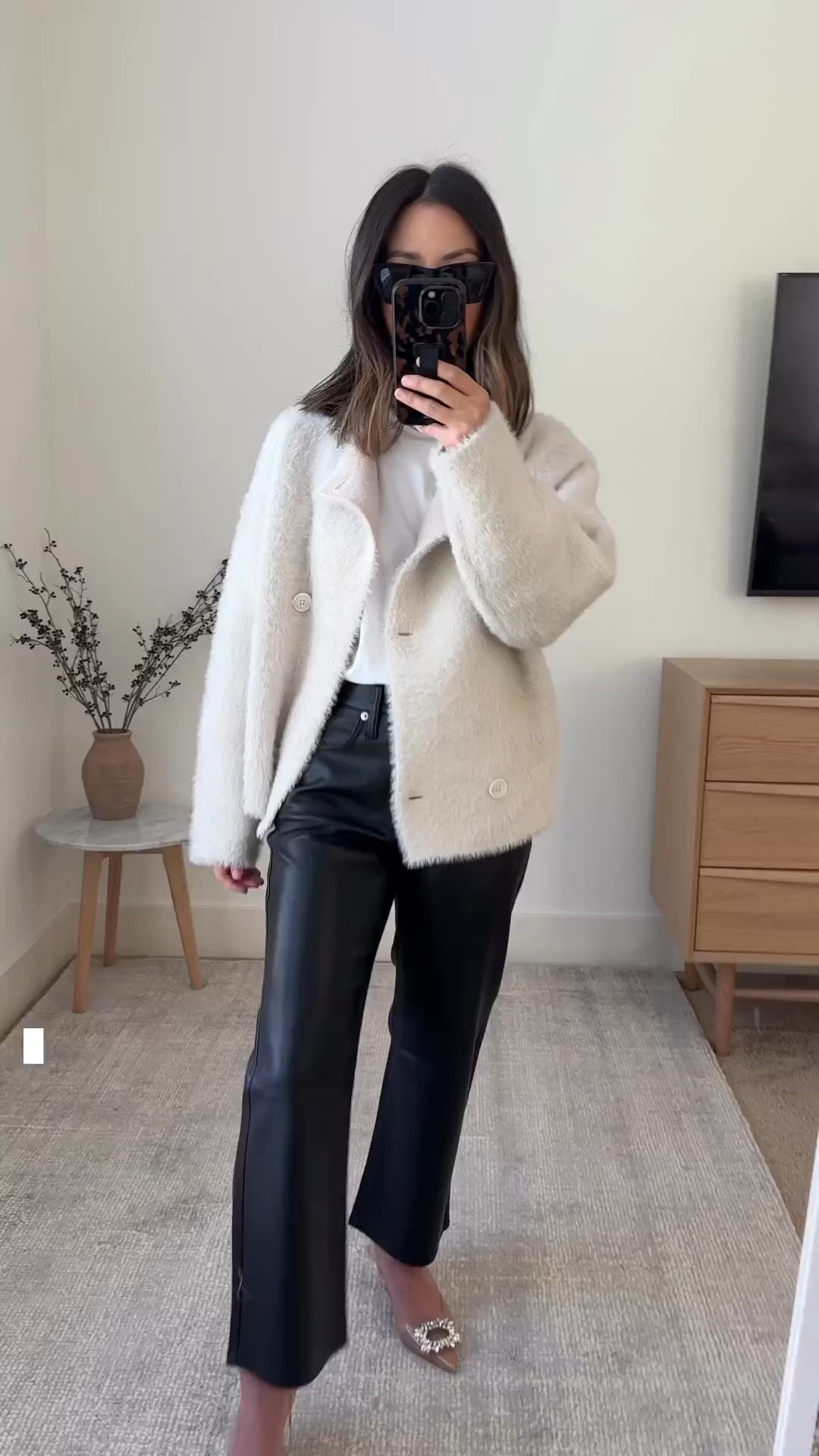 J.crew double faced wool jacket. This piece is stunning!!! Also wearing my new j.Crew slim wide faux leather pants. So in love with these. I sized up. 

J.crew jacket xxs
Everlane tee medium
J.crew faux leather pants petite 25
Zara heels 5 (old)
YSL sunglasses 
 
Holiday outfits, holiday party outfits, holiday parties 

#LTKHoliday #LTKsalealert #LTKparties