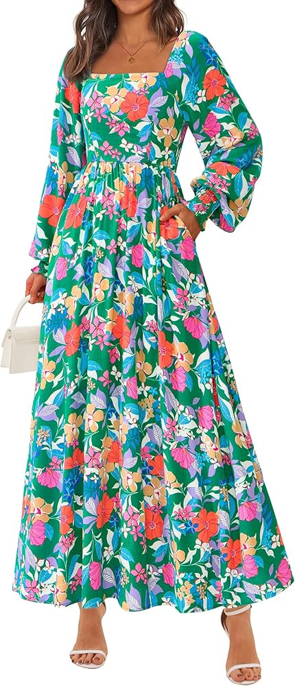 PRETTYGARDEN Women Floral Maxi Dresses 2026 Spring Long Sleeve Square Neck Boho A Line Wedding Gu... | Amazon (US)