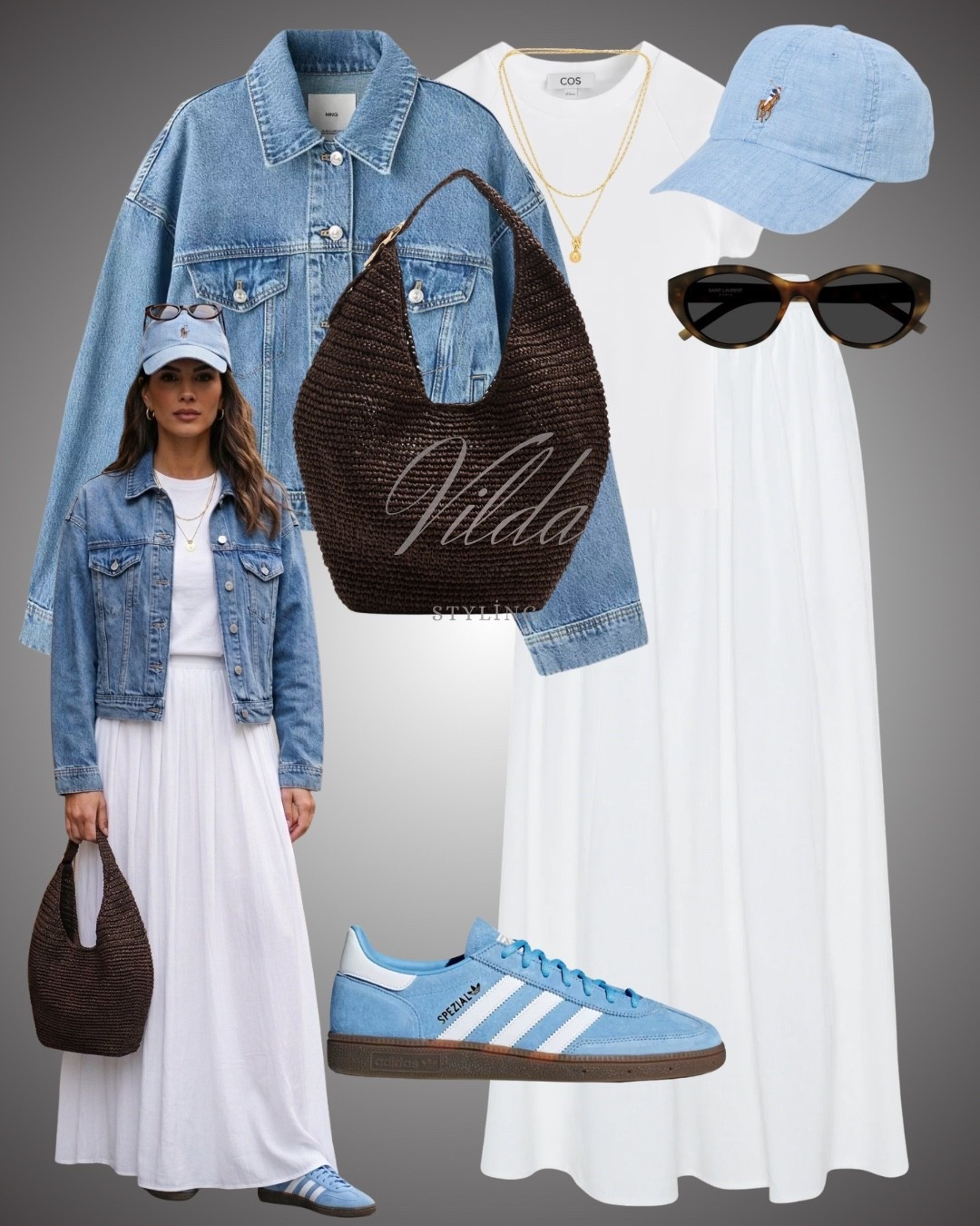 This look is the perfect blend of effortless chic and street-style comfort. The crisp white maxi dress provides a clean, airy base, while the denim jacket adds a structured, casual edge. I love how the light blue Adidas Spezial sneakers and matching Ralph Lauren cap tie the color palette together, giving it a sporty yet curated vibe. Topped off with a textured chocolate brown bag and tortoiseshell shades, it’s a masterclass in "elevated everyday" styling. #DenimJacket #WhiteMaxiDress #AdidasSpezial #BlueSpezial #PoloRalphLauren #SummerUniform #CasualChic #WovenBag #OOTD 

#LTKspring #LTKstyletip #LTKsummer