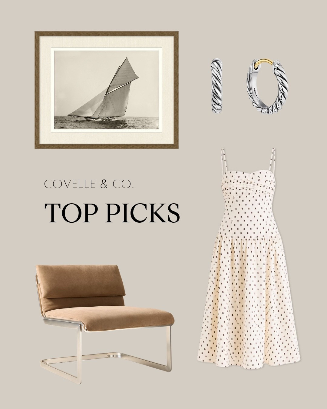 Summer isn’t over until we say it is. ☀️

For this month’s Covelle & Co. Top Picks, we’re holding onto that last little bit of summer, with pieces that feel coastal, polished, and perfectly ready to transition into fall.

A chic polka dot maxi that deserves one more dinner by the water.
A sculptural black side chair that grounds a light, airy room.
Vintage-inspired sailing art for just the right touch of coastal nostalgia.
And gold accessories that warm everything up and marry the whole look together.

The vibe? End-of-summer elegance with a hint of what’s coming next.

Because the best style, whether it’s what you wear or how you design your home, doesn’t need to belong to just one season.

Save this month’s Top Picks for your late-summer inspiration + tell us which piece you’re bringing into fall.

#LTKdayinmylife #LTKSaleAlert #LTKHome