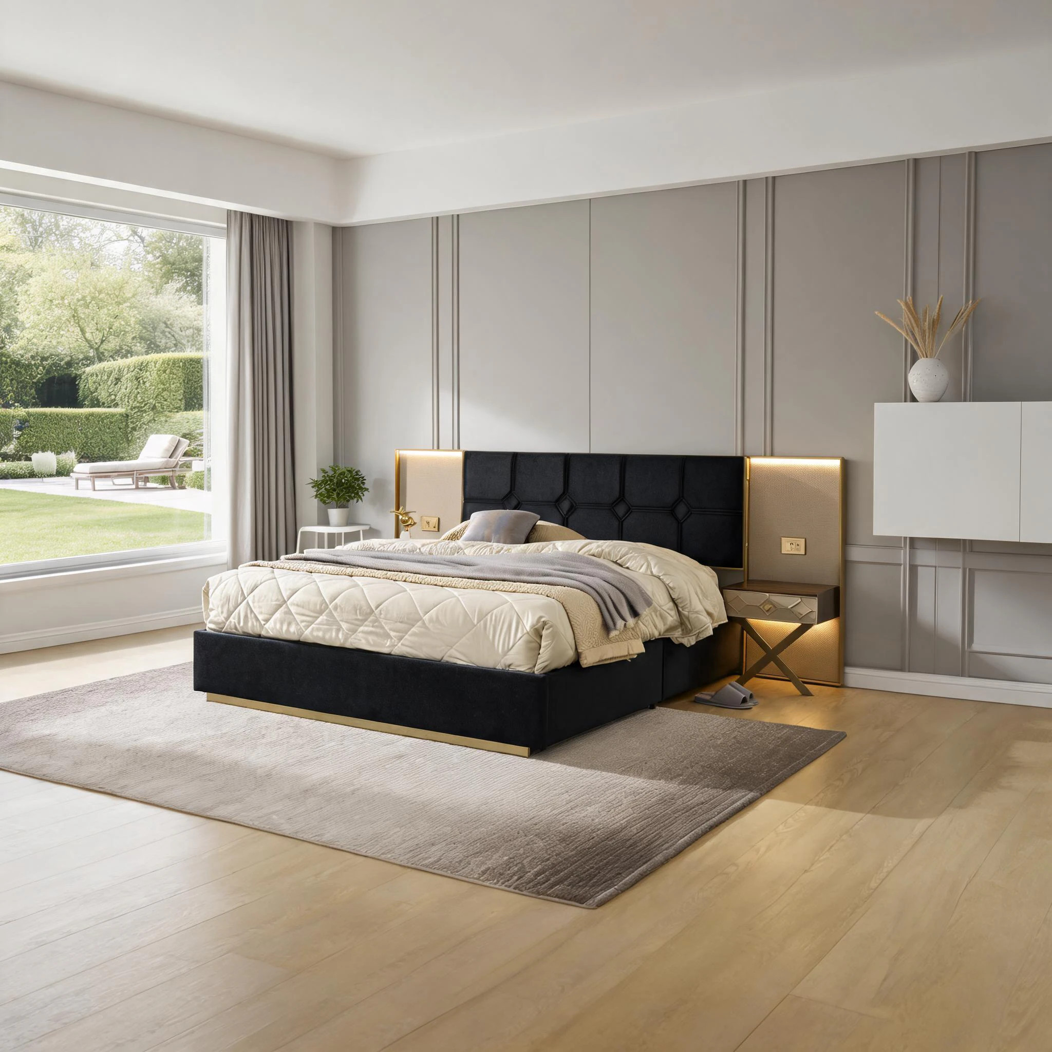 Watnature Velvet Upholstered King Platform Bed Frame with Built-in Bedside Tables and LED Lights Deep Black one_size | KGJSP64UF0E5 | Lowe's