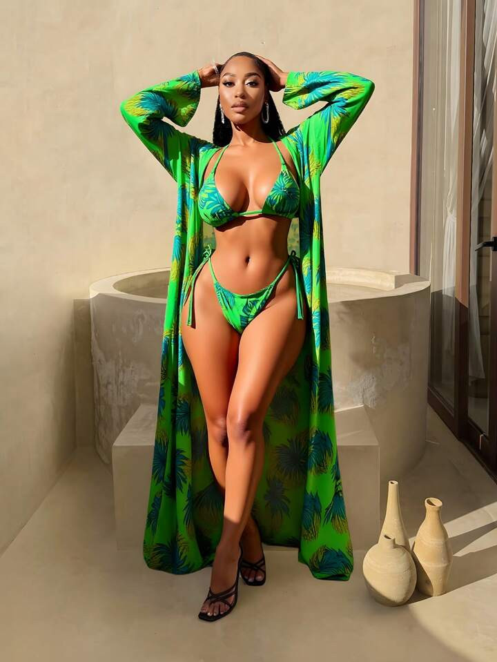Swim SXY Summer Beach Tropical Print Bikini Set Halter Triangle Bra & Tie Side Bottom & Long Sleeve Kimono 3 Pieces Bikini | SHEIN