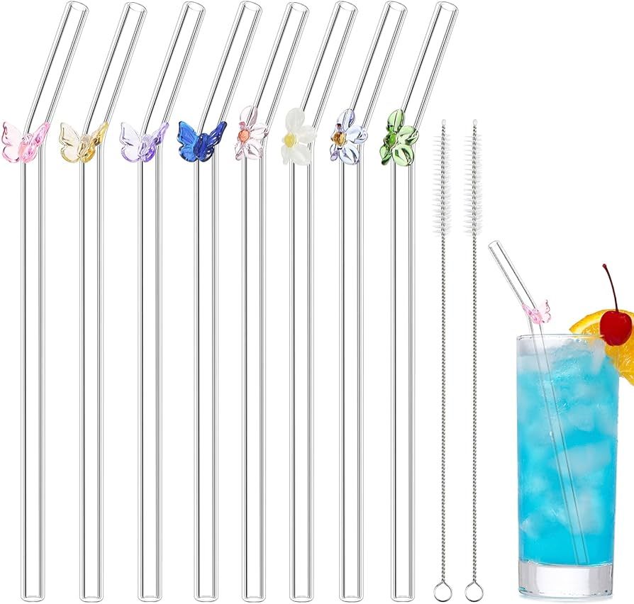 8 Pcs Reusable Glass Straws with Flower Butterfly Glass Straws Clear Shatter Resistant Bent Straw... | Amazon (US)