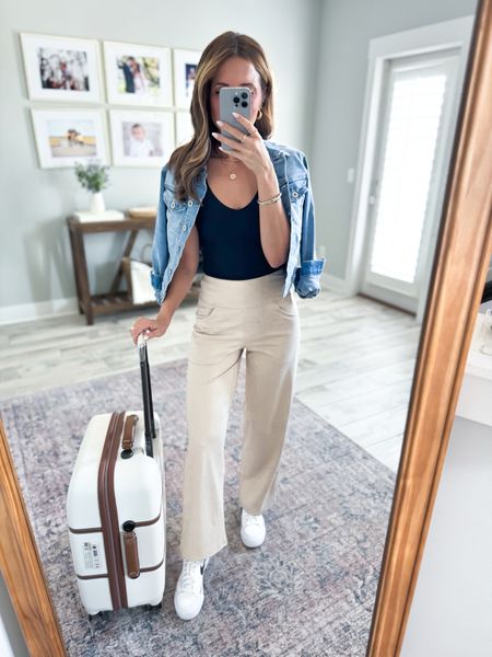 Amazon seamless tops in XS. These are double lined and not see-through. Casual outfit. Travel outfit. Spring outfit. Amazon wide leg yoga pants in XS petite. Nike court legacy lift - go down half a size! Delsey luggage. 

#LTKfindsunder50 #LTKtravel #LTKshoecrush