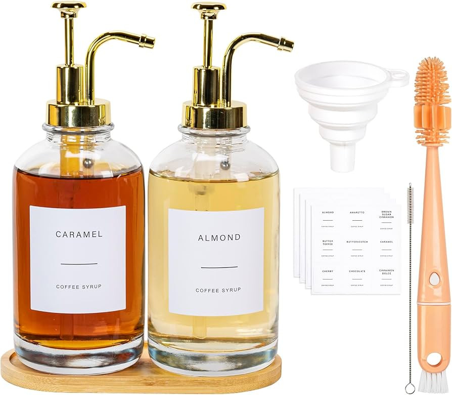 Coffee Syrup Dispenser, 500ml/16.9 oz Glass Syrup Bottle, 2 Pcs Syrup Pump Dispenser with Pump, C... | Amazon (UK)