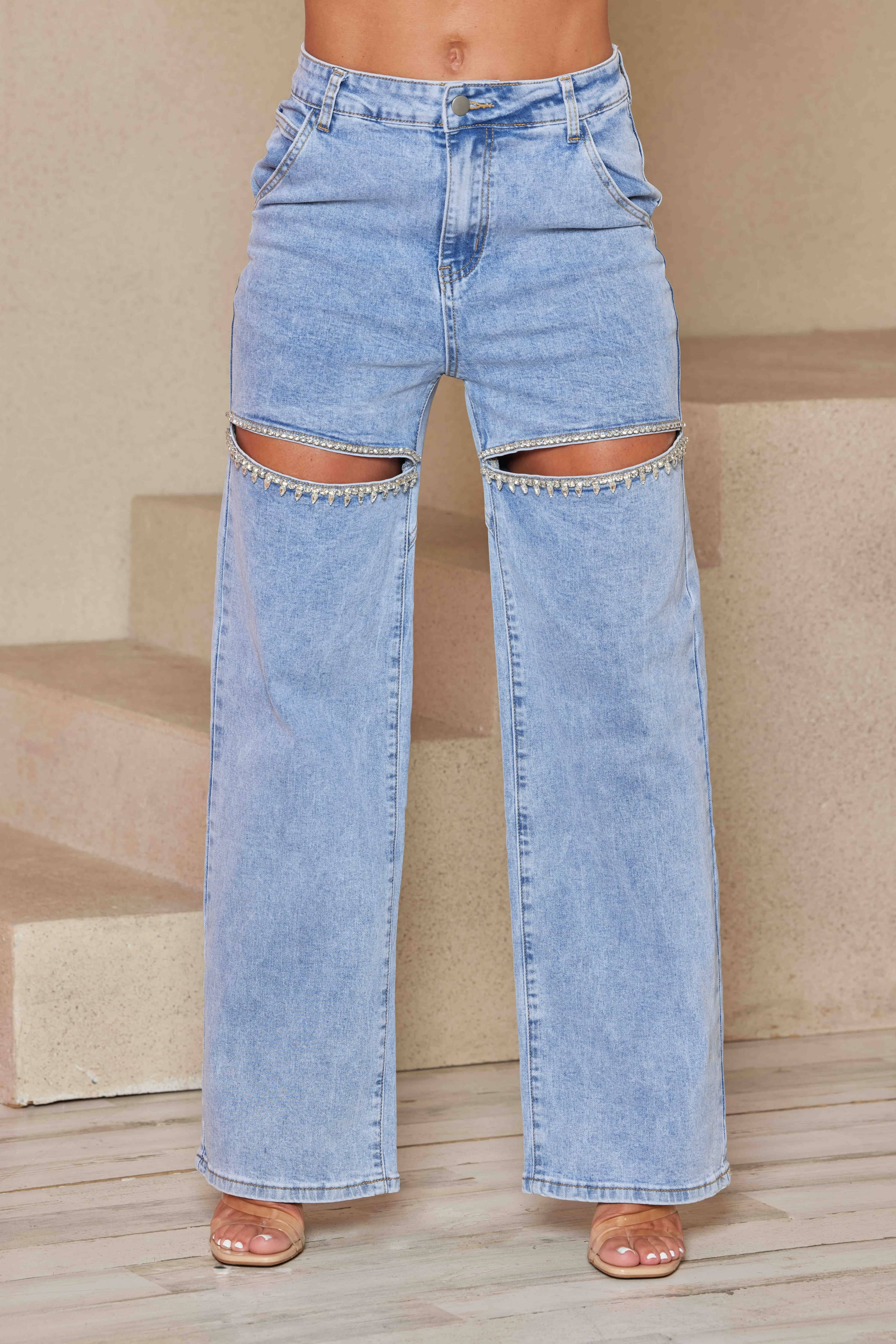 Queen Cut-Out Front Rhinestone Denim Jeans S / Black | S.L. Blake And Company