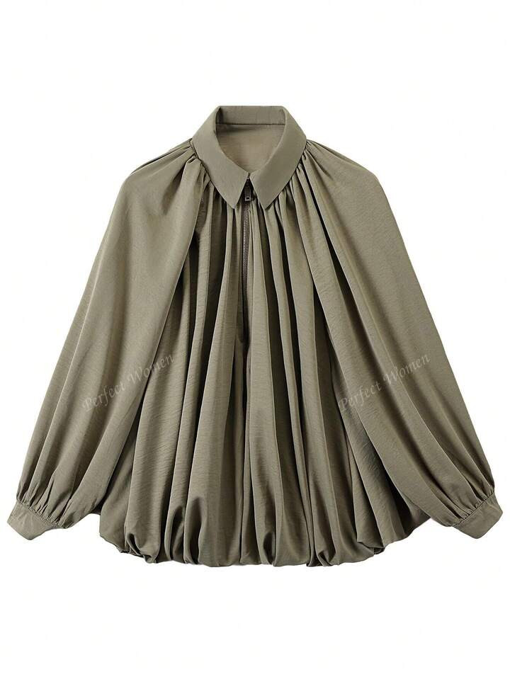 Women's Oversized Army Green Bomber Jacket - Long Sleeve Front Zipper Casual Outerwear Coat | SHEIN