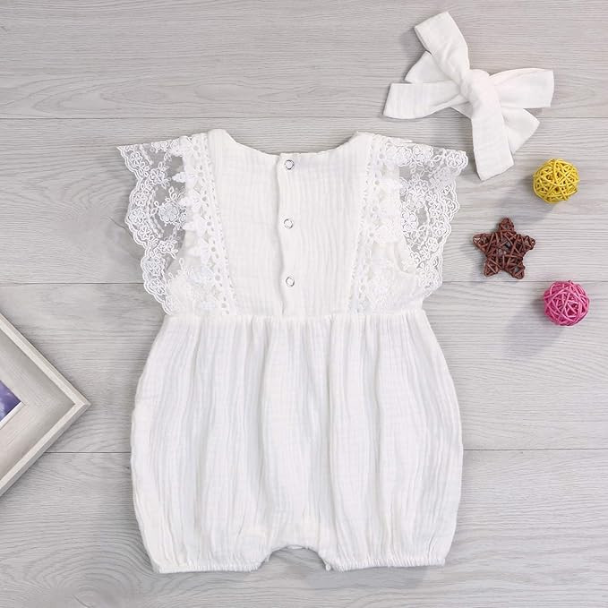 KCSLLCA Baby Girls Lace Romper Set Ruffle Sleeve Solid Color Onesie with Headband | Amazon (US)