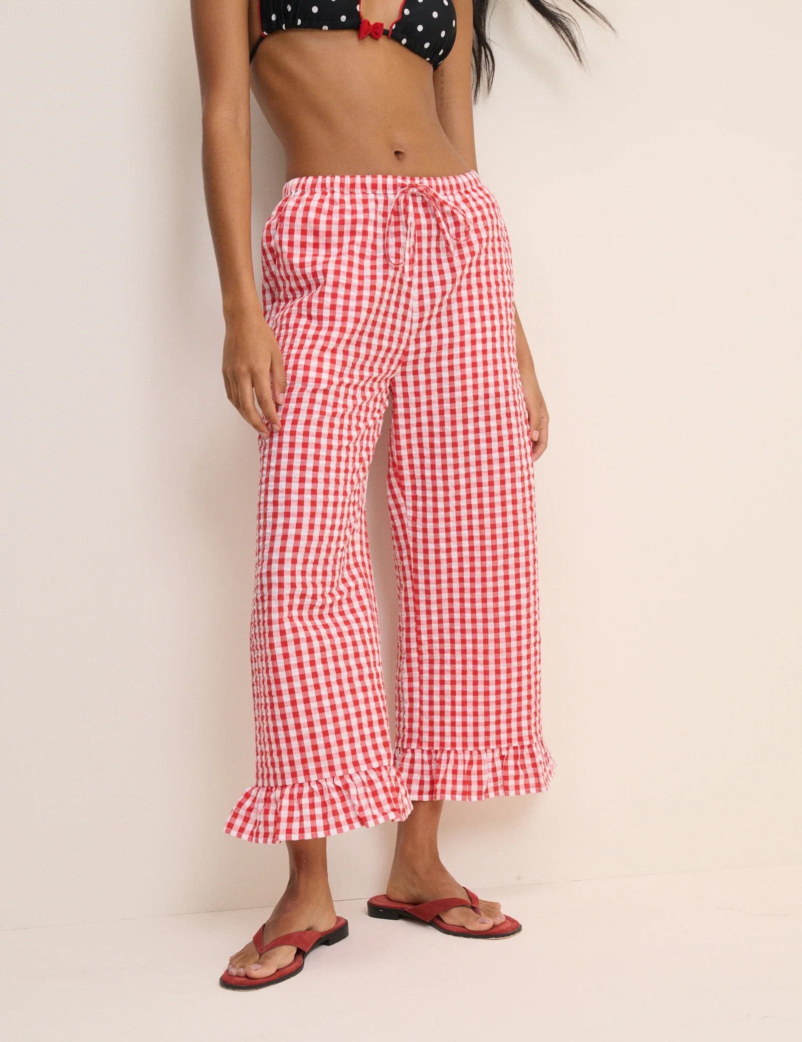 Red Gingham Frill Edge Beach Trousers | Nobody's Child