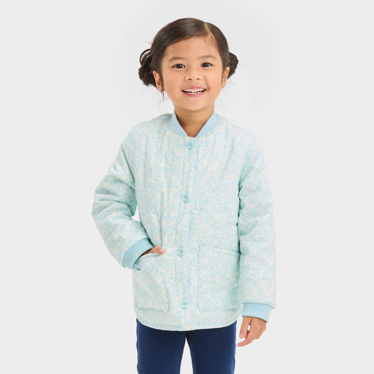 Toddler Girls' Quilted Floral Bomber Jacket - Cat & Jack™ Blue | Target