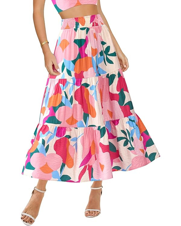 BTFBM Women's Floral Print Midi Maxi Skirts 2025 Summer Casual Aline Elastic High Waist Pleated F... | Amazon (US)