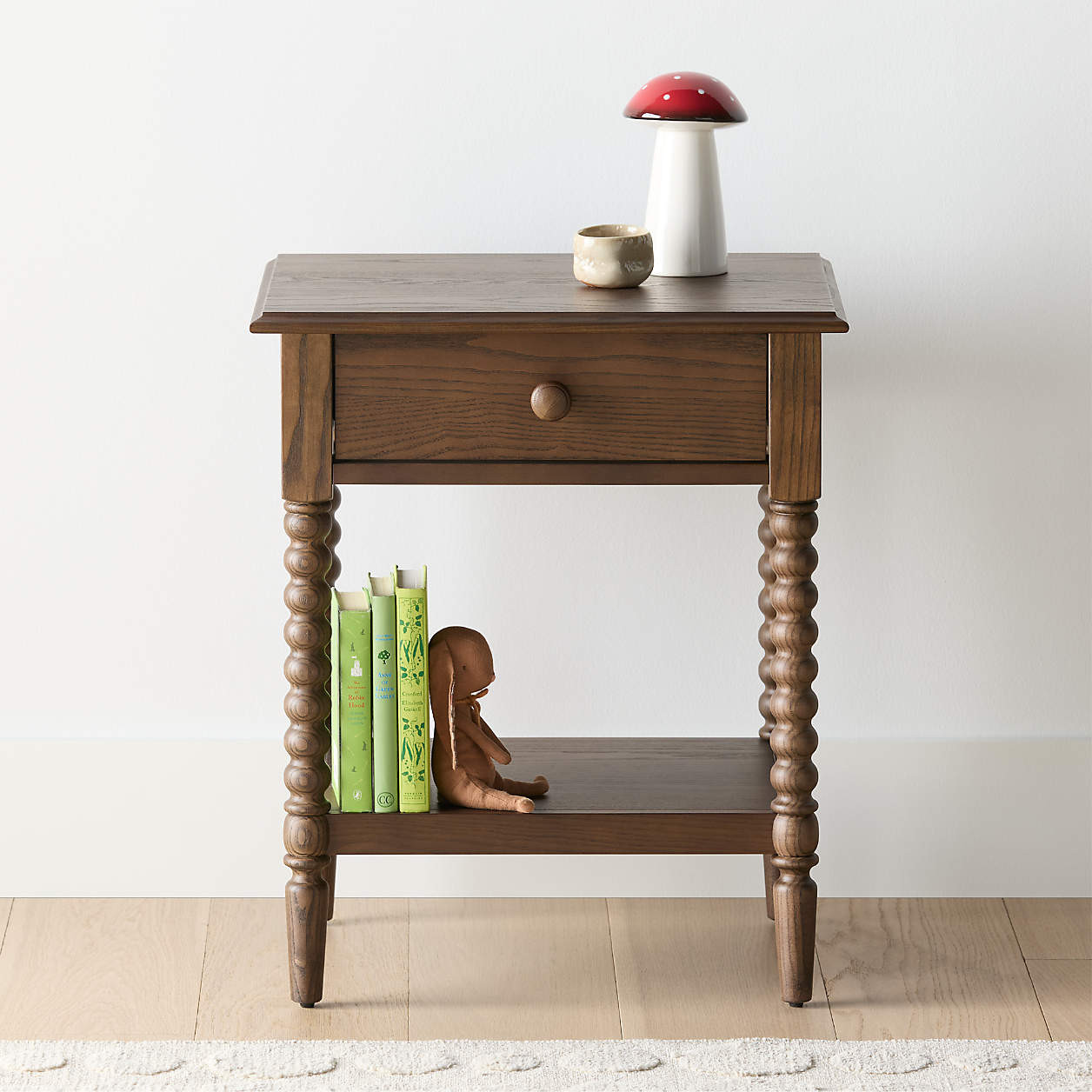 Jenny Lind Deep Brown Wood Spindle Kids Nightstand with Drawer + Reviews | Crate & Kids | Crate & Barrel