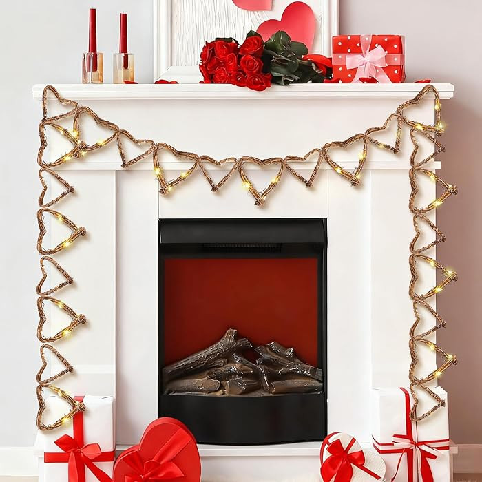 Zeyune 9.84 ft Valentine's Day Garland Natural Grapevine Twig Heart Chain String Light Battery Op... | Amazon (US)