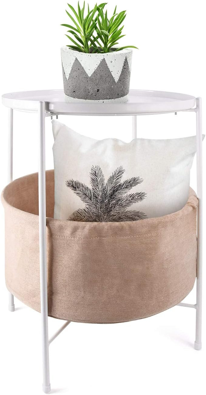 Seeutek Tray Metal End Table with Storage Basket, 23.6" H x 16.5" D White Sofa Table Small Round ... | Amazon (US)