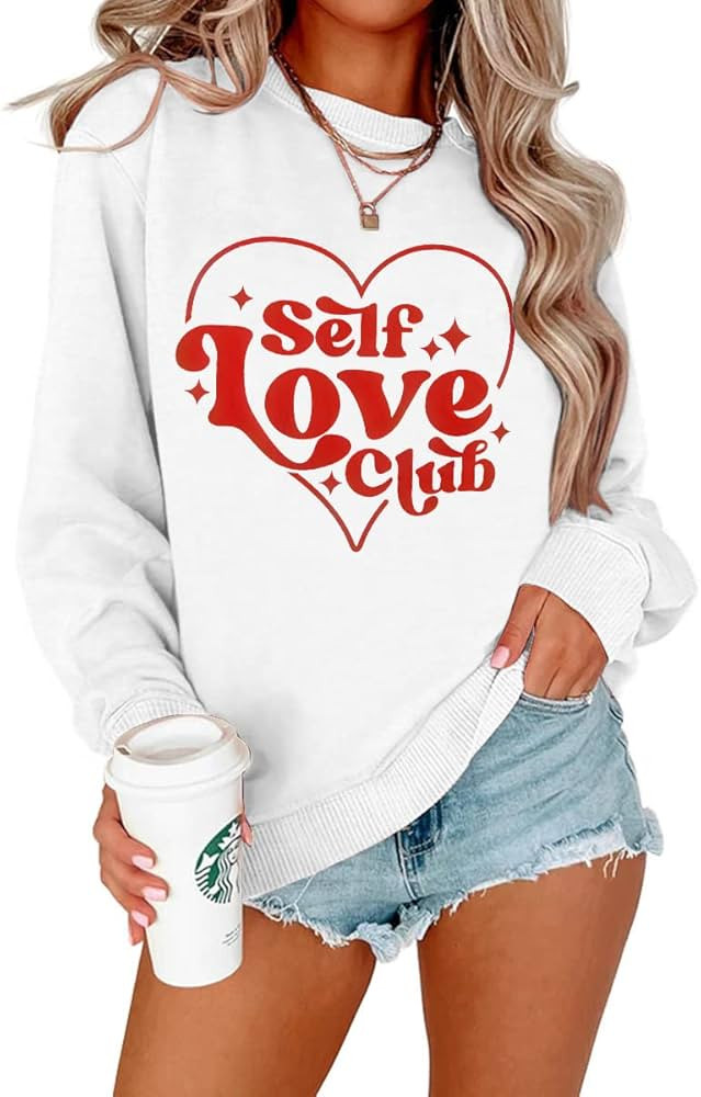 KEKEMI Women Valentine's Day Sweatshirt Self Love Club Letter Printed Shirt Retro Heart Graphic L... | Amazon (US)