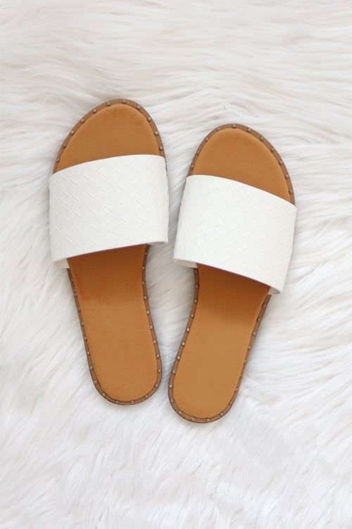 Woven Single Band Sandals Slides with Studded Trim-White | Fashion Junkee