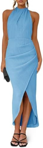 Fisoew Womens Halter Neck Party Dress Sleeveless Slit Textured Backless Sim Fit Ruched Sexy Midi ... | Amazon (US)