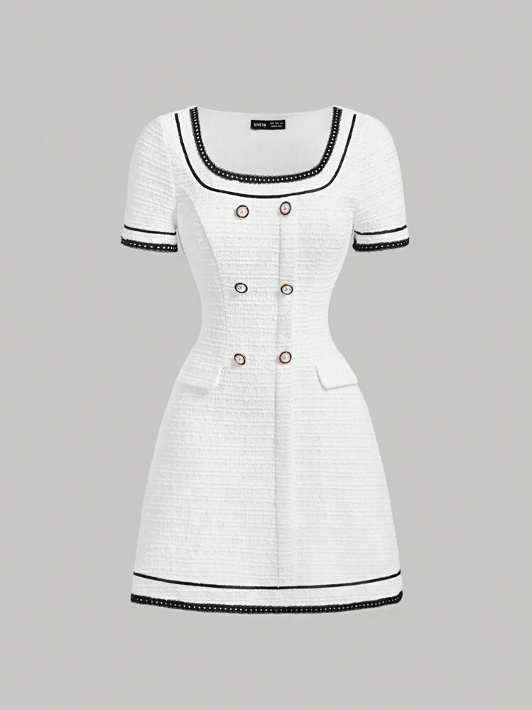 SHEIN MOD Women's Vintage Color Block Double Breasted Waist Cinching Dress For Summer Back To Sch... | SHEIN