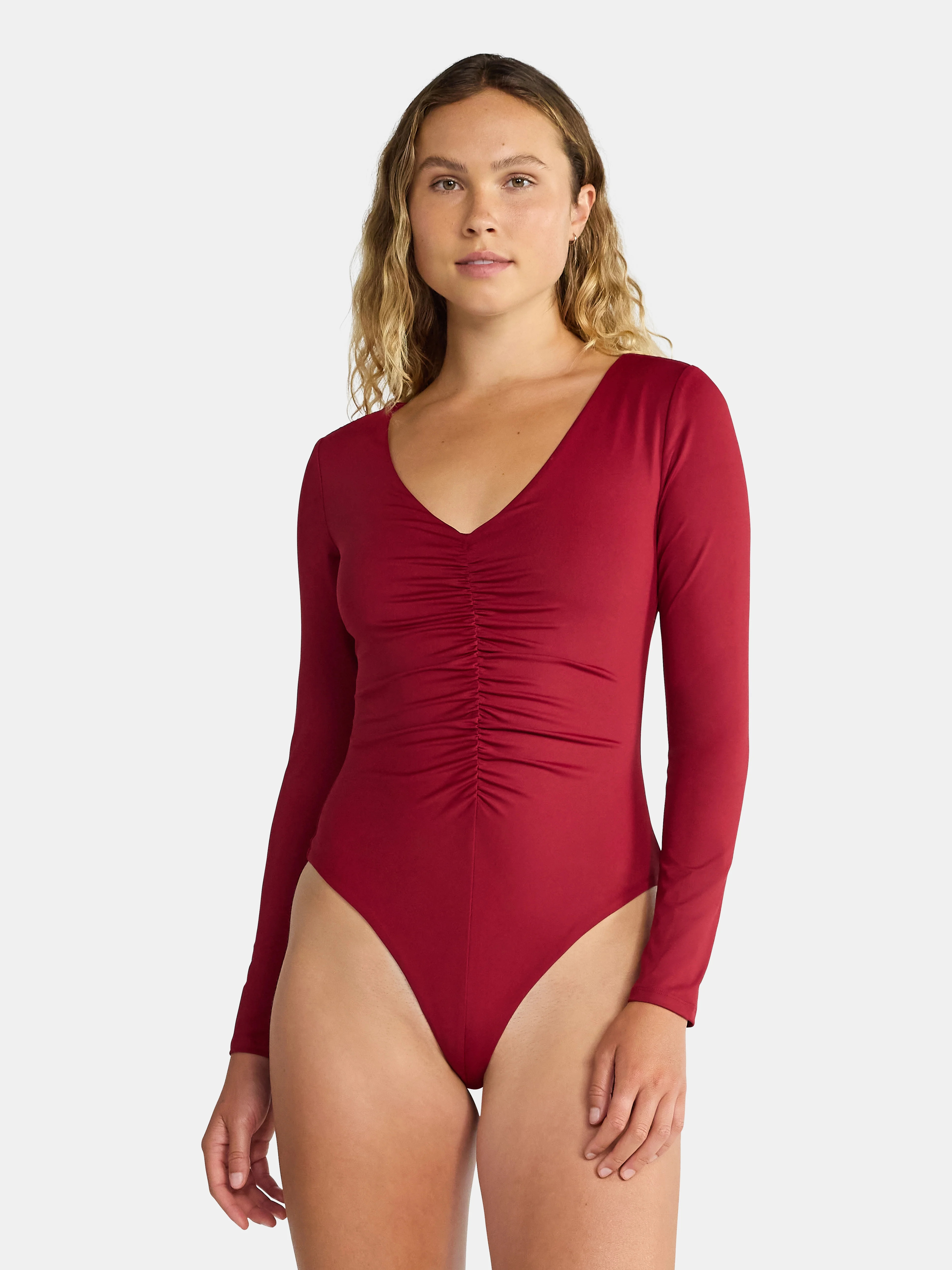 Madden NYC Women's Ruched Sculpting Bodysuit with Long Sleeves, Sizes XXS-XXL | Walmart (US)
