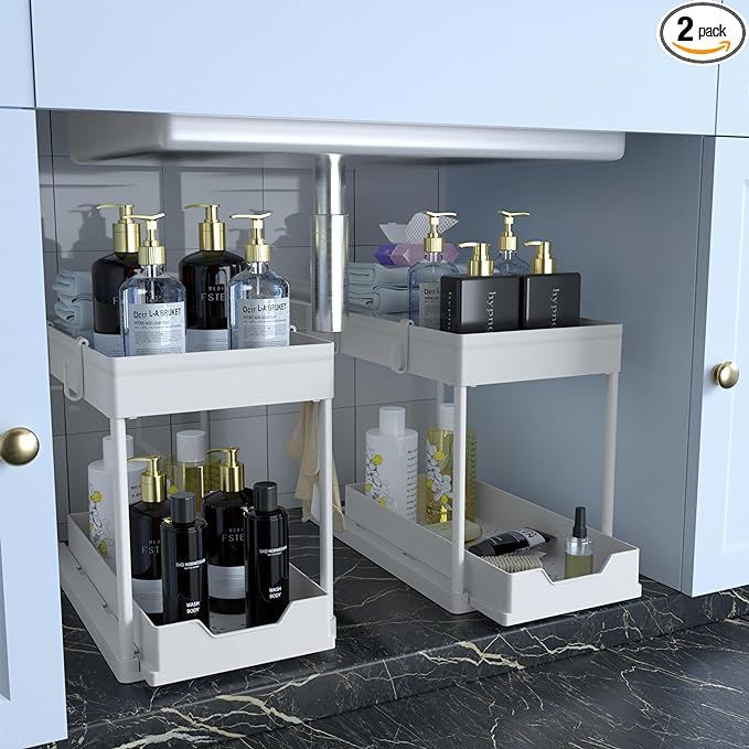 DEKAVA Under Sink Organizer 2 Pack，Bathroom Cabinet Organizer，2 Tier Sliding Cabinet Basket O... | Amazon (US)