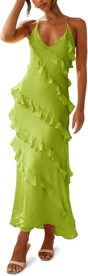 Wenrine Womens Sexy Chiffon Halter Maxi Dress Sleeveless Backless Ruffle Tassel Party Club Dresse... | Amazon (US)