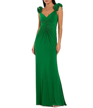 Jersey V Neck Long Gown With 3D Flower Straps | Dillard's