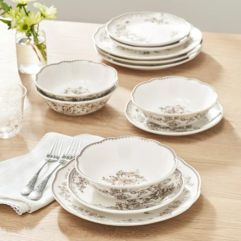 The Pioneer Woman Agatha 12-Piece Stoneware Dinnerware Set, Brown - Walmart.com | Walmart (US)