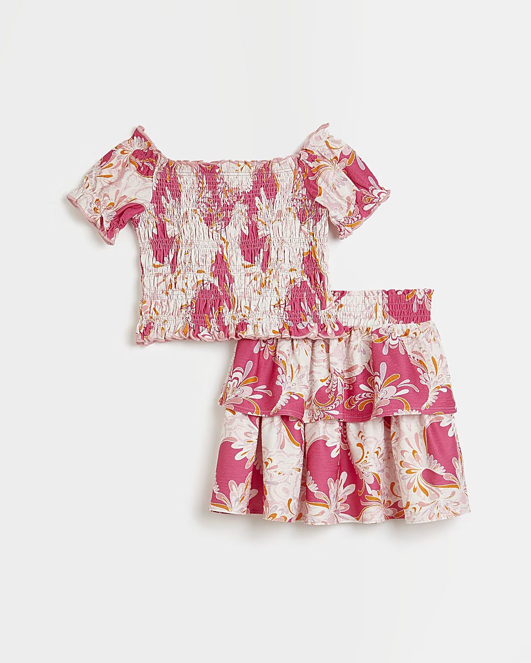 Girls pink printed shirred bardot skirt set | River Island (UK & IE)