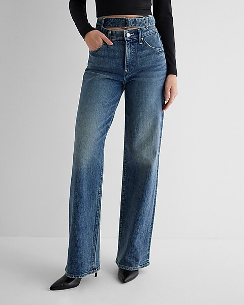 High Waisted Cutout D-Ring Belt Wide Leg Jeans | Express