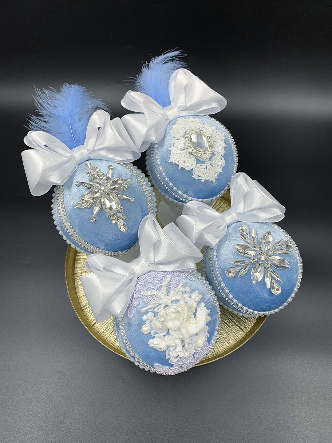 Blue Velvet Christmas Baubles With Angels.cost for 1 Pcs. Sky Blue Xmas Bulbs With Brooches, Hand... | Etsy (US)