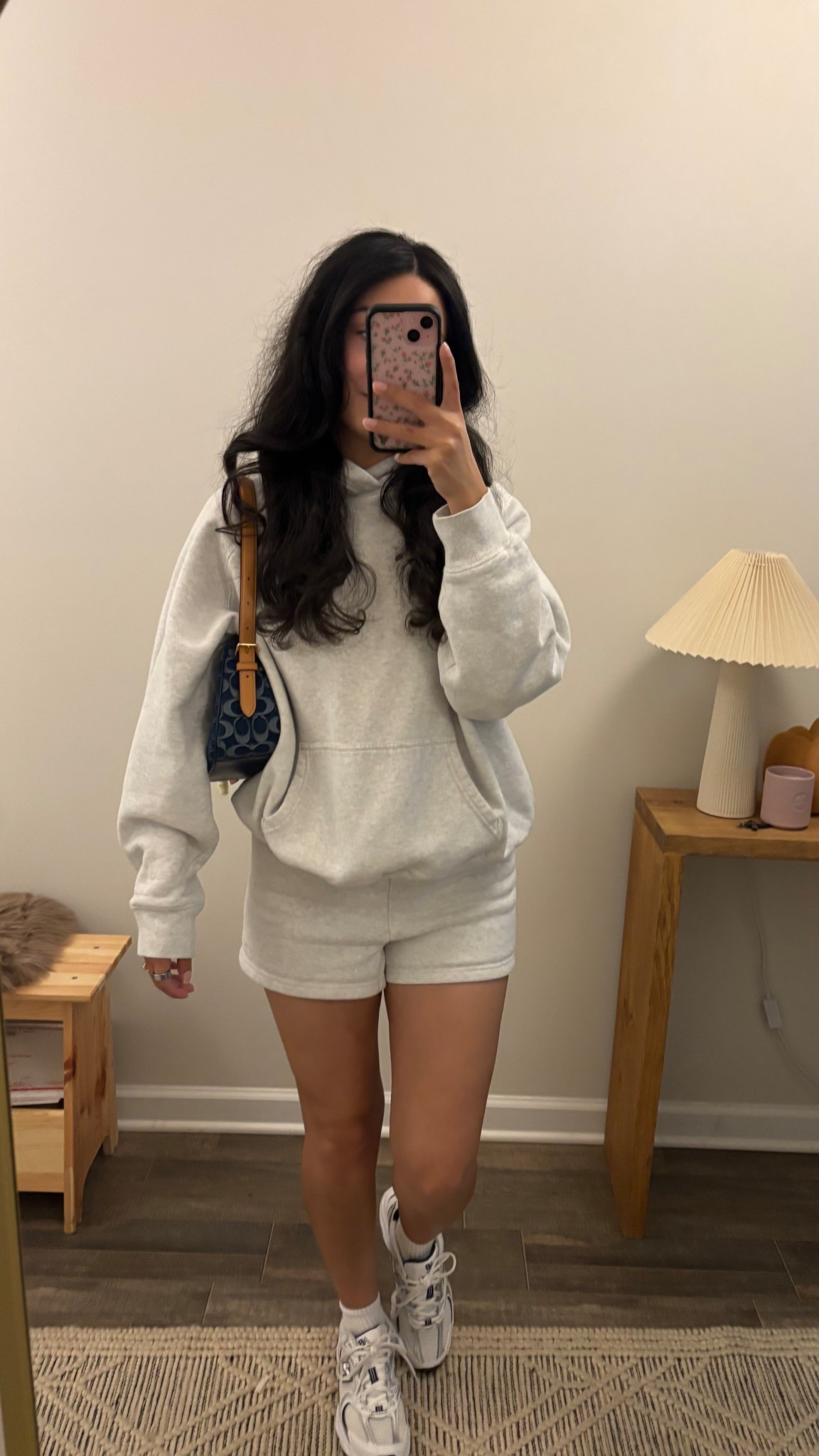 Aritzia hoodie heather cloud white (m)
Aritzia hi rise sweatshorts heather cloud white (s)
New Balance 530 sneakers navy
Coach outlet denim Kailey shoulder bag

#LTKPetite