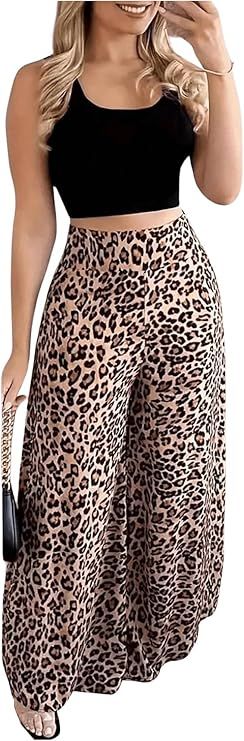 Floerns Women's Elastic High Waist Trousers Leopard Print Wide Leg Palazzo Pants | Amazon (US)