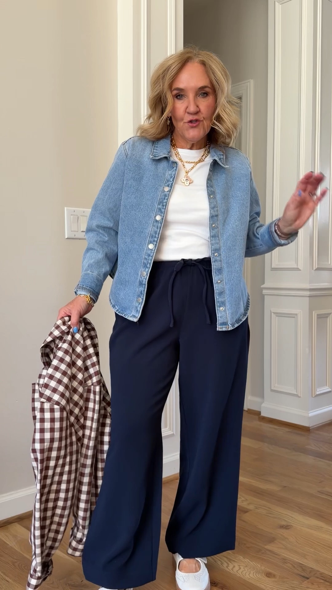 Wear this instead of a jean jacket. 
Size medium 
Tee size small reg
Drawstring creoe trousers size medium petite 
Sneakers are comfy and cute! 

Business casual work outfit teacher outfit 

#LTKPetite #LTKSaleAlert #LTKOver40