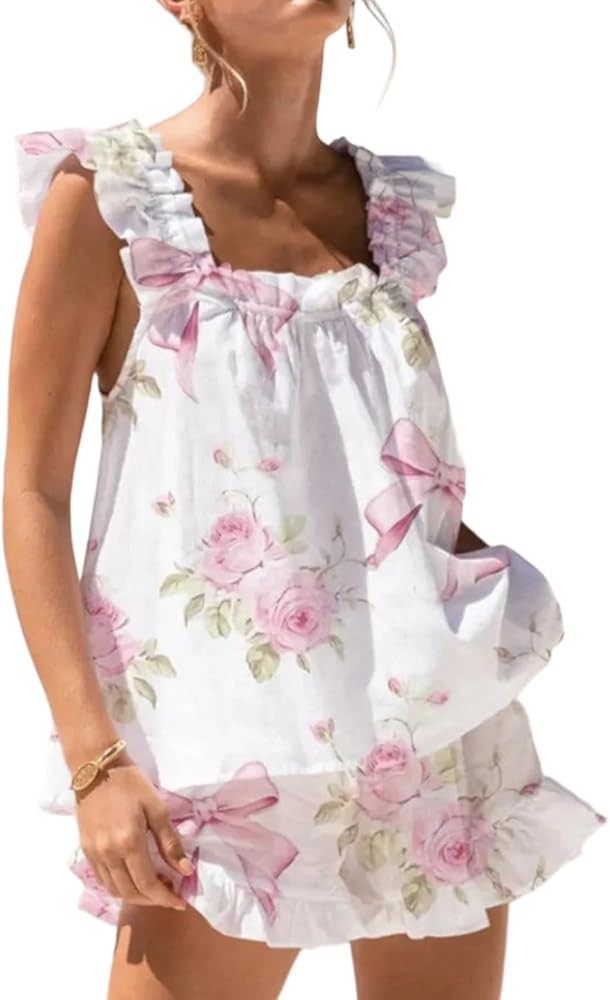 LILTWIST Women‘s Floral Print Pajamas Set 2 Piece Ruffle Cute Tank Top Shorts Lounge Set Soft S... | Amazon (US)