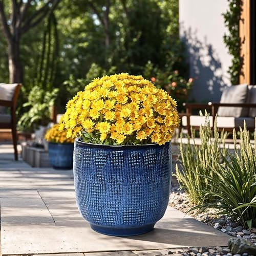 LuxenHome 12" Dia Round Ceramic Plant Pots, Modern Blue Glazed Large Planters Pot for Outdoor Plants with Drainage Hole and Rubber Plug, Decorative Indoor Flower Pots for Home Garden Patio | Amazon (US)