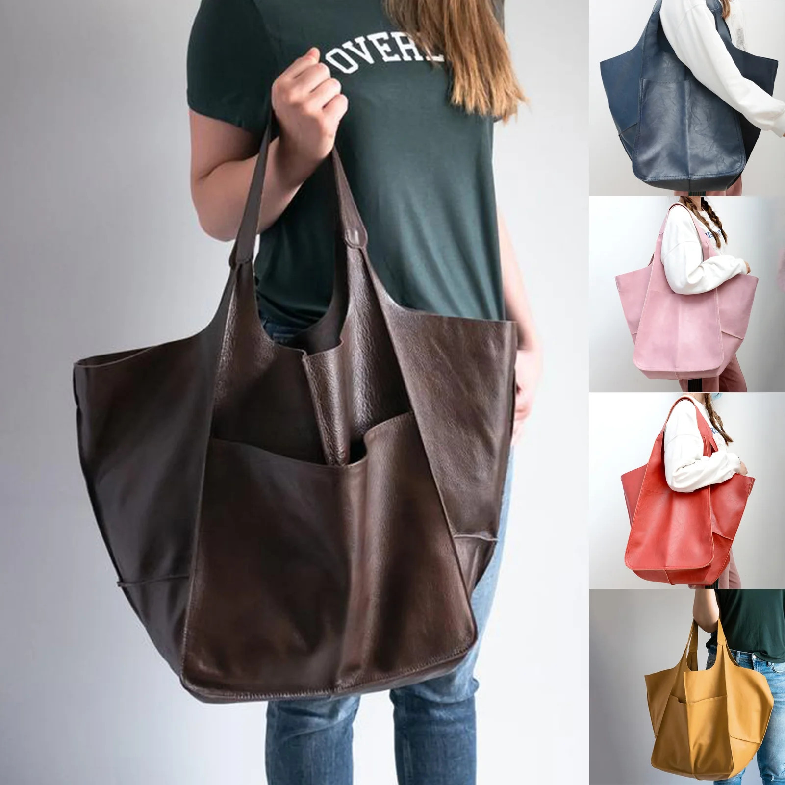 harmtty Oversized Bag Solid Color Large Capacity Faux Leather Vintage Foldable Tote for Vacation | Walmart (US)