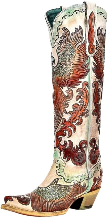 CORRAL LADIE'S WHITE HAND TOOLED & HAND PAINTED FIRE PHOENIX, LEATHER SOLE, COWHIDE LEATHER, WEST... | Amazon (US)