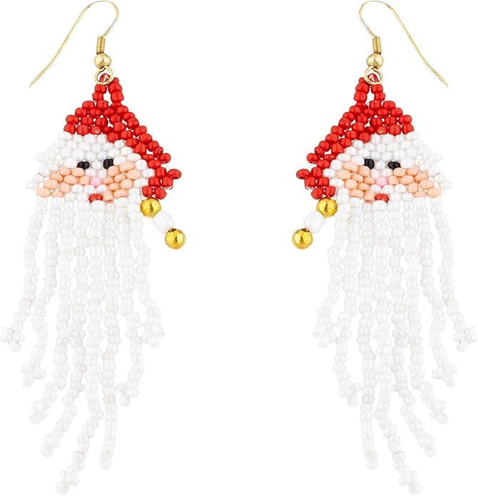 Lux Accessories Santa Claus Red White Beaded Goldtone Fashion Dangle Earrings | Amazon (US)